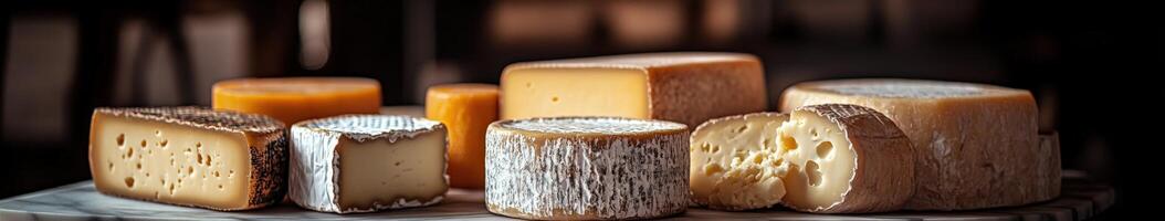 Assorted cheeses arranged artfully on a wooden board photo