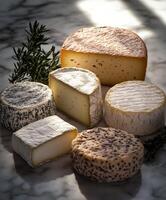 Assorted gourmet cheeses displayed on marble countertop photo