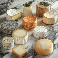 Assorted cheeses arranged beautifully on a marble surface photo
