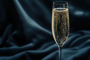 Elegant champagne glass on dark silk fabric with bubbles photo