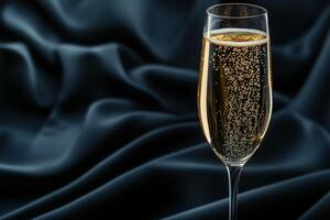 Sparkling wine in a glass against dark satin fabric backdrop photo