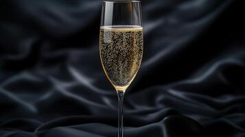 Sparkling drink in a flute on soft black fabric backdrop photo