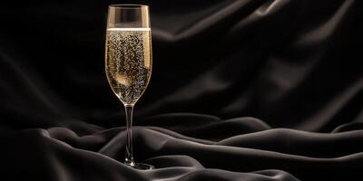 Sparkling champagne glass on elegant black fabric backdrop photo