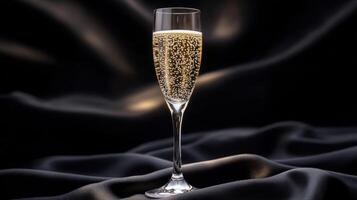 Sparkling beverage in elegant glass on dark fabric background photo