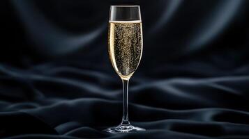 Elegant champagne flute filled with bubbly beverage on dark fabric photo