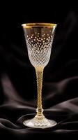 Elegant crystal glass with gold rim against dark background photo