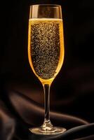 Sparkling drink in an elegant glass on dark fabric background photo
