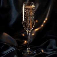 Sparkling drink in elegant glass on dark fabric backdrop photo