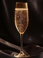 Sparkling drink in a flute on dark fabric background photo