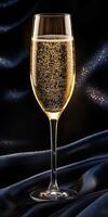 Sparkling beverage in flute glass on dark fabric background photo