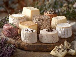 Cheese variety display on a rustic wooden board in autumn setting photo