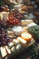 Vibrant cheese and fruit display at outdoor market photo