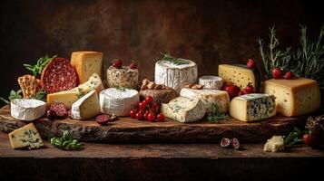 Cheese platter with assorted cheeses, meats, and garnishes photo