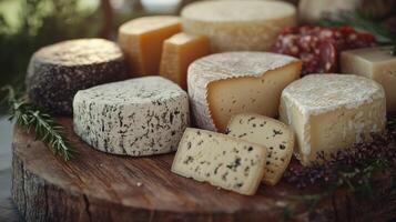 Assorted cheeses arranged on a wooden board with herbs photo