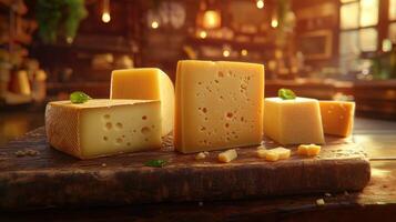 Cheese varieties on a wooden board in a rustic setting photo