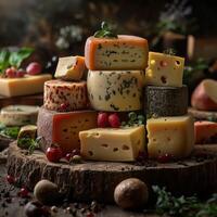 Assorted cheeses displayed on a rustic wooden board with herbs photo