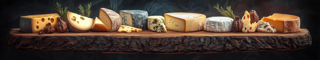Variety of artisanal cheeses displayed on rustic wooden board photo