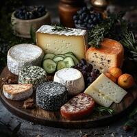 Gourmet cheese platter featuring various artisanal cheeses and fruits photo