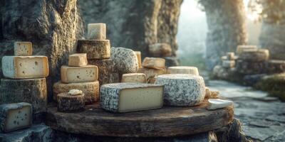 Variety of cheeses displayed on a wooden table in a serene setting photo