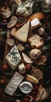 Variety of cheeses and bread arranged on a wooden platter photo