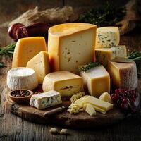 Assorted cheese platter with fresh herbs and fruits on wooden board photo