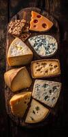 Various cheese types arranged on a wooden board for tasting photo