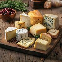 Cheese platter with assorted varieties and accompaniments on wood photo