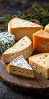 Diverse selection of gourmet cheeses on a wooden board photo
