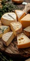 Cheese variety displayed on wooden board with fresh herbs photo
