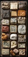 Artisanal cheese selection displayed on wooden board photo