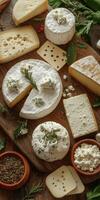 Selection of artisanal cheeses displayed on wooden board photo