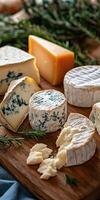 Variety of artisan cheeses displayed on a wooden board photo