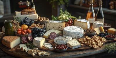 Gourmet cheese and charcuterie board with fresh produce displayed photo