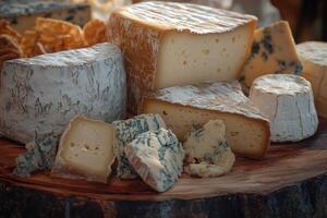 Assortment of artisanal cheeses on a wooden serving platter photo
