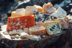 Assorted cheeses displayed on a rustic wooden board outdoors photo