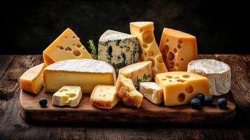 Delicious variety of cheeses displayed on a wooden board photo