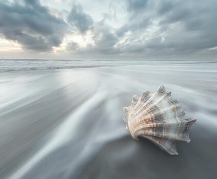 Seashell rests on the shore as waves wash over the beach photo