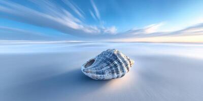 Seashell resting on a tranquil beach at sunset photo