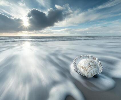 Seashell rests on wet sand while waves gently recede at sunset photo