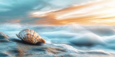 Shell rests on sandy beach during sunset over ocean waves photo