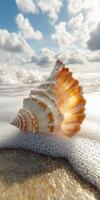 Shell glistening in foamy surf under a cloudy sky photo