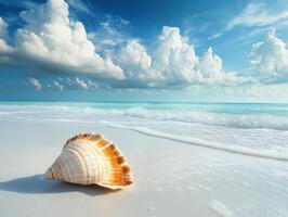 Shell resting on the sandy shore under a beautiful sky photo