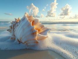 Seashell resting on a sandy beach at sunset photo