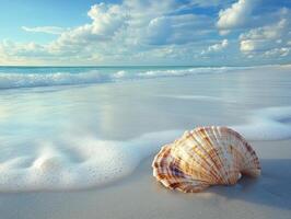 Shell on a serene beach under a clear blue sky photo
