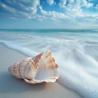 Beautiful seaside shell resting on sandy shore under blue sky photo