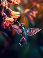 Colorful hummingbird feeding on vibrant orange flowers in a lush garden setting during daylight hours photo