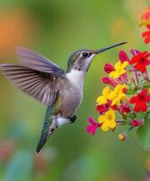 Vibrant hummingbird hovering near colorful flowers in a lush garden setting photo