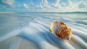 Seashell rests on the shore as waves gently lap at the sand photo