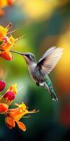 Colorful hummingbird feeding on vibrant flowers in a lush garden setting photo