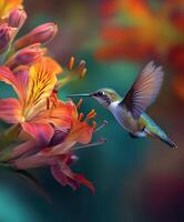 Hummingbird feeding on vibrant flowers in a colorful garden during daylight hours photo